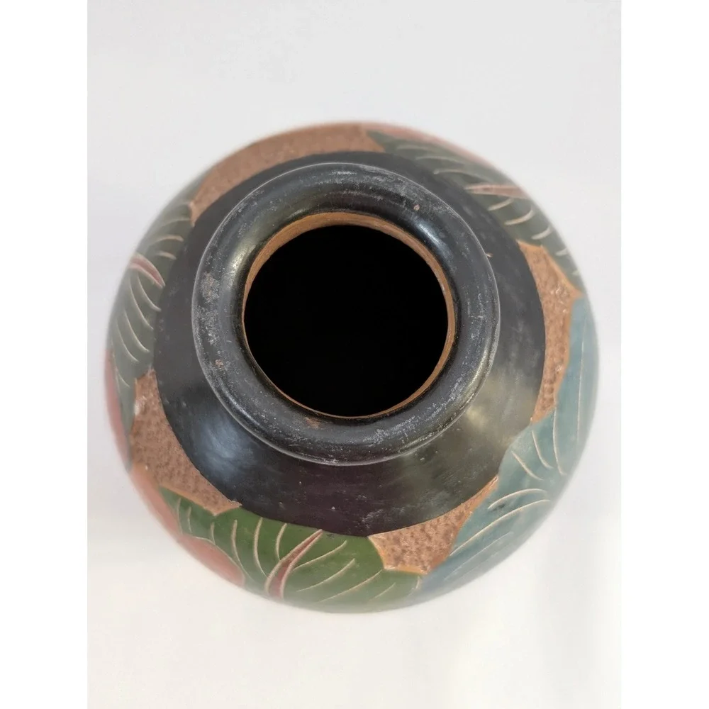 Vintage Folk Art Pottery Vase Bird Butterfly Flowers Black Clay Sgraffito